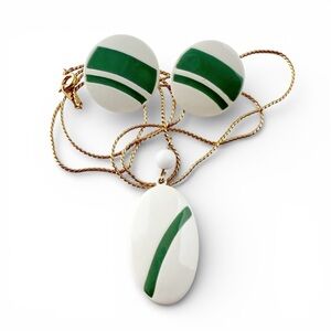 Vintage Trifari Green White Retro Stripe Enamel Necklace & Earrings Set